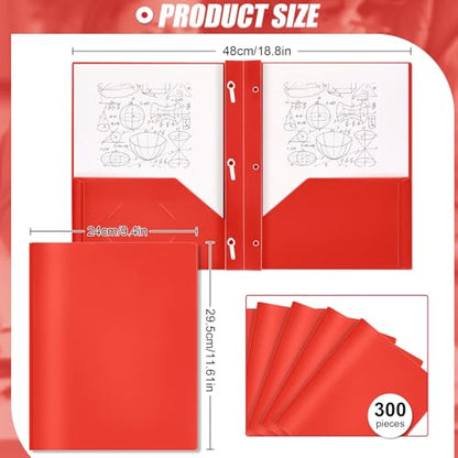 Yeaqee 300 Pack Plastic Folders with Prongs Heavy Duty Plastic 2 Pocket Folder with 3 Prongs, Business Card Slot for Back to School Office Home 11.6 x 9.5 Inch (Red) - color: Red
