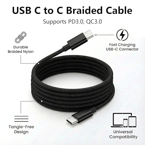USB C to C Charger Cable, 60W, 6FT, 2-Pack, Black | Fast Charging, Braided Nylon, for iPhone 17/16/15, MacBook iPad, Galaxy S25/S24 - color: Black, size: 6FT+6FT