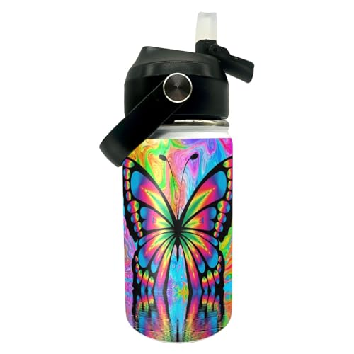 Butterfly Kids Water Bottle 12oz Stainless Steel Insulated Bottle Vacuum Leak Proof Straw Lid with Double Wall BPA Free School (Color3) - color: Color3