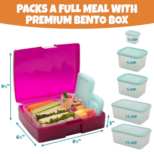 Bentology Bento Lunch Box Set w 5 Leakproof Made-to-Size Snack Containers & Built-In Utensil Holder- Meal Prep Made Easy w Reusable, Kid's Back to School or Office- Durable, BPA Free, Dishwasher Safe - color: Raspberry