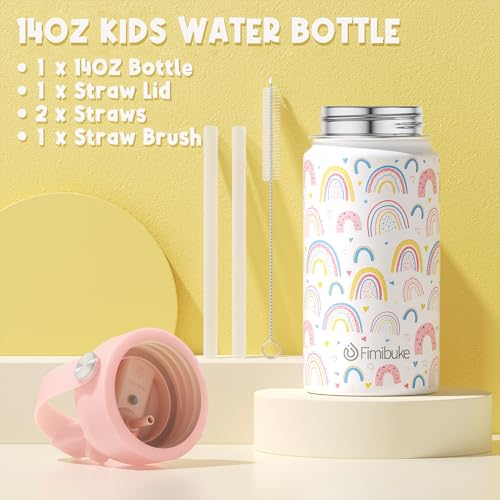 Fimibuke Kids Insulated Water Bottle, 14oz BPA FREE 18/8 Stainless Steel Travel Tumbler Double Wall Vacuum Leak Proof Kids Cup with Straw Metal Water Bottle for School Boys Girls(1 Pack, Rainbow) - color: A1. RAINBOW