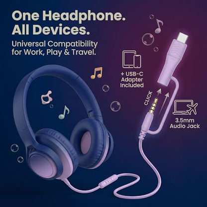 Kids Headphones Wired with Microphone, 85/94dB Volume Limit, 3.5mm Jack & USB-C Adapter, Foldable Over Ear Headset for School, Tablet, iPad, Laptop, Travel (Midnight Blue) - color: Gradient Midnight Blue