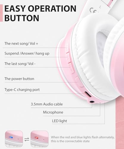 rockpapa E7 Over Ear Wireless Bluetooth Headphones with Mic Without Travel Case, Foldable Wired/Wireless Headphones with Microphone for Kids Childrens Boys Girls Teen Youth Adult Pink White - color: Pink White, style: without Case
