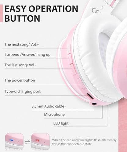rockpapa E7 Over Ear Wireless Bluetooth Headphones with Mic Without Travel Case, Foldable Wired/Wireless Headphones with Microphone for Kids Childrens Boys Girls Teen Youth Adult Pink White - color: Pink White, style: without Case