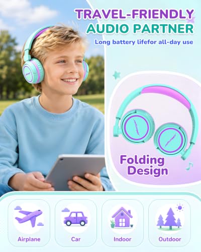 Kids Bluetooth Headphones, 80H Playtime Lightweight Wireless Headphones for Kids, 85/94dB Safe Volume Limit, Bluetooth 5.4, Built-in Mic kids headphones for School, Travel, iPad, Tablet（Green） - color: Greenpurple