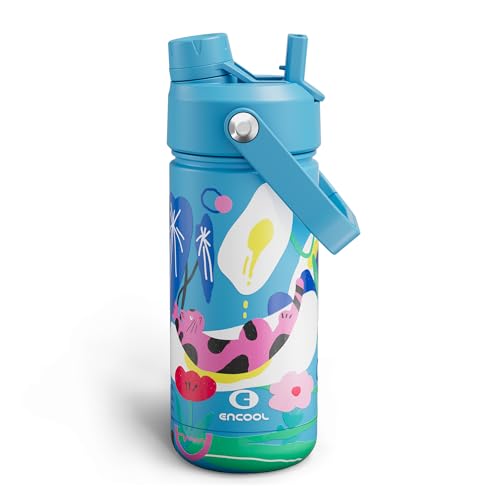 Kids Insualated Water Bottle with Straw,18oz Stainless Steel Water Bottle with Dual Spouts, Leak-Proof,BPA-Free,Double Wall Vacuum Keeps Cold for 24 Hours for Sports,Travel,School (Flower Cat) - color: Flower Cat, size: 18 Ounces