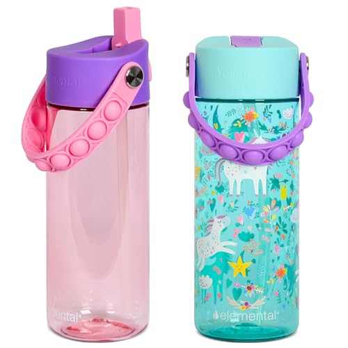 Elemental Leak Proof Water Bottles for Kids - Splash Kids Water Bottle for School with Pop-it Handle - Tritan Plastic Water Bottle with Straw - Unicorn & Rose - 18oz (2 Pack) - color: Duo - Unicorn RE / Rose (Sugar Plum)
