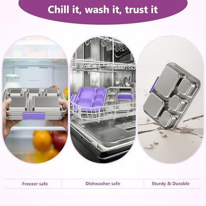 Pawtong Stainless Steel Lunch Box, 5-Compartment Bento Lunch Box for Kids & Adults,Metal Lunch Box with Removable Silicone Container, Lunch Box Containers for School,Office(Purple) - color: Purple