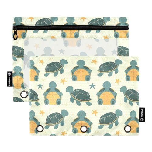 Cute Cartoon Turtles Pencil Pouch for 3 Ring Binder, Three Hole Pencil Case for Binder Bulk Pencil Bag with Clear Window and Zipper for Office School College, 2 Pack - color: Multicolor 11