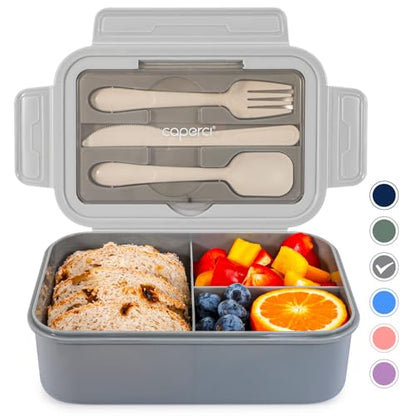 Caperci Classic Bento Box Adult Lunch Box for Older Kids - Leakpoof 47 oz 3-Compartment Lunch Containers for Adults and Teens, Built-in Utensil Set, Ideal for On-the-Go Balanced Eating, Gray - color: Gray