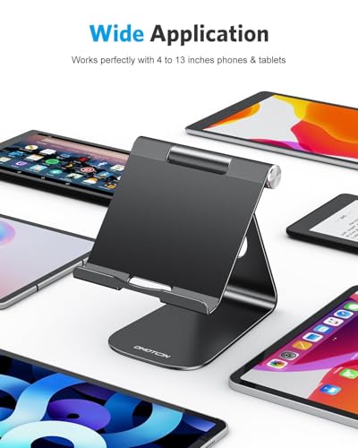 OMOTON T1 Adjustable Tablet Stand for Desk, Aluminum Holder for iPad Black | Solid Metal Build | Charging Cutout | Anti-Slip Silicone Pads | Multi-Angle Adjustable | Fits 3.5-12.9" | Holds Thick Cases - color: Black