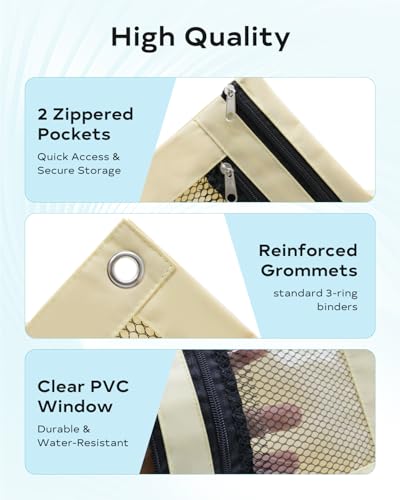 Pencil Pouch for 3 Ring Binder - 3 Hole Zipper Pen Case Bag Holder Bulk Accessories Clear Window Aesthetic Organizer Pockets - color: Beige