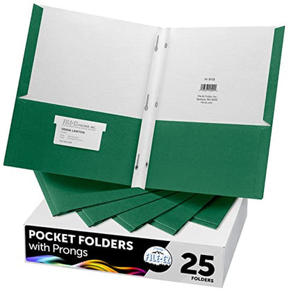 FILE-EZ Two-Pocket Folders with 3-Prong Fasteners, Green Color, 25-Pack, Durable Textured Paper, Matte Finish, Letter Sheet Size (EZ-92560) - color: Green
