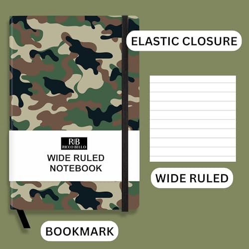RICCO BELLO Wide Ruled Hardcover Diary Journal, Green Camouflage | School or Travel Notebook, For Boys & Girls, Kids, Tweens, Bookmark, Band Closure, Storage Pocket, 5.7 x 8.4 Inches - color: Green Camouflage