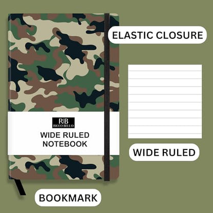 RICCO BELLO Wide Ruled Hardcover Diary Journal, Green Camouflage | School or Travel Notebook, For Boys & Girls, Kids, Tweens, Bookmark, Band Closure, Storage Pocket, 5.7 x 8.4 Inches - color: Green Camouflage