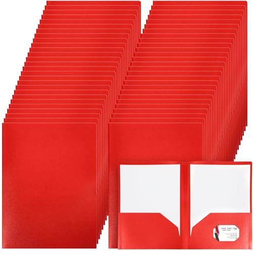 Patelai 50 Pack Plastic Folders with Pocket Bulk 2 Pocket Heavy Duty Letter Size Folders Business Card Holder for School Office File(Red Color) - color: Red Color