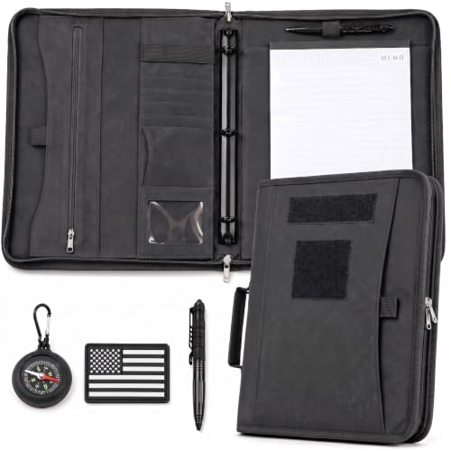 Padfolio Binder with Detachable 3-Ring Binder, Tactical Notebook Cover with Zipper, Multi-Pocket Portfolio Organizer with Handle, Letter Size Paper, Pen and Compass for Field Work School - color: Black
