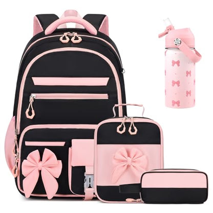 DIGOBAY Girls Backpack - Includes 14oz Insulated Water Bottle, Girls School Backpack Set with Lunch Bag & Pencil Case Teens for School (Black-Pink)
