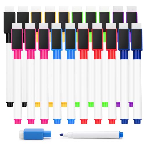 OWLKELA 20 Pcs Magnetic Dry Erase Markers with Eraser Cap, Fine Tip Whiteboard Markers with Eraser, Low Odor Dry Erase Marker Set for School Office Home, 8 Color - size: 1 Count (Pack of 20)