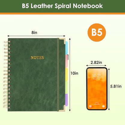 LABUK 5 Subject Notebook College Ruled with Movable Tab Dividers, 300 Pages 8"x10"/B5 Leather Hardcover Spiral Notebook, 100GSM Thick Journal Notebooks for Work, School, Green - color: 3-green