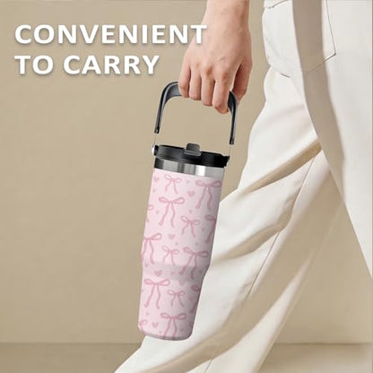 Pink Bow Tumbler 30oz with Handle – Stainless Steel Insulated Cup, Leakproof Water Bottle with Cute Bow Design for Women & Girls, Perfect Birthday Christmas Gift - color: Pink Bow, size: 30 Ounces