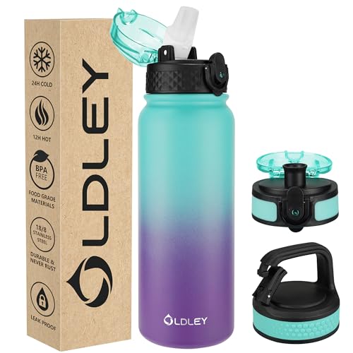 Oldley Insulated Water Bottle 20oz Water Bottles with Straw, Stainless Steel Water Bottle with 3 Lids, Double Wall Vacuum Bottels for Adult Kids,Leak-Proof Sport Bottles for School Travel,Green Purple - color: Green Purple, size: 20 Ounces
