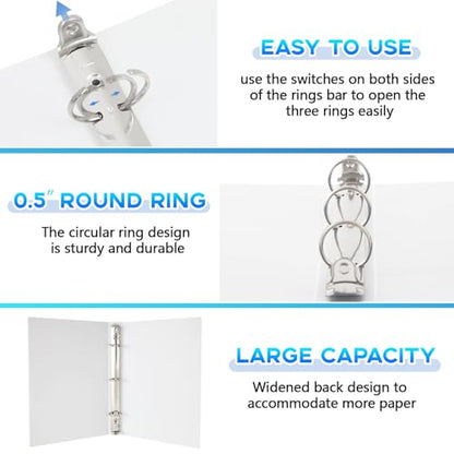 Henoyso 6 Pcs Plastic 1/2 Inch Mini 3 Ring Binders Fits 5.5" x 8.5" Paper, Holds(Capacity 100 Sheets), Flexible Three Round Rings Small White A5 Binders Bulk for School, Office Use, Photo Album - color: White, size: 0.5 Inch