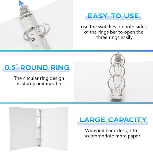 Henoyso 6 Pcs Plastic 1/2 Inch Mini 3 Ring Binders Fits 5.5" x 8.5" Paper, Holds(Capacity 100 Sheets), Flexible Three Round Rings Small White A5 Binders Bulk for School, Office Use, Photo Album - color: White, size: 0.5 Inch