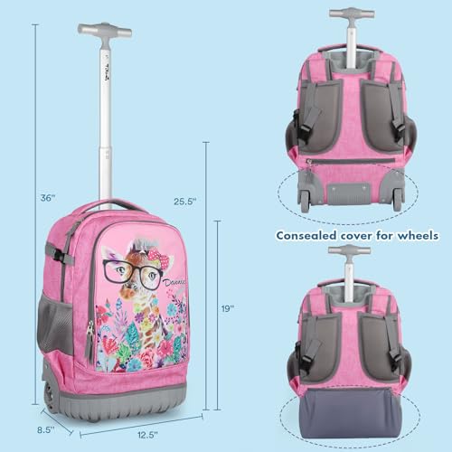 Tilami Rolling Backpack for Kids 18 Inch Wheeled Bookbag for Boys & Girls for School & Travel,Giraffe pink - color: Giraffe Pink