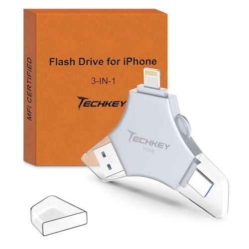 MFi Certified USB 3.0 Flash Drive 512GB for iPhone, 3in1 External Memory Photo Keeper Storage Stick for Picture/Video/Data Saver/Backup, High Speed Thumb/Jump/Hard Drives for iPhone/iPad/Android/PC - color: Silver gray, size: 512 GB