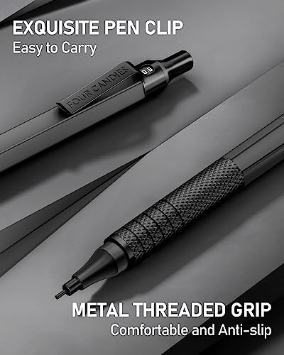 Four Candies 2PCS 0.5mm & 0.7 mm Metal Mechanical Pencils Set, 360PCS Lead Refills, 12 Erasers, Cool Lead Pencil with Case for School Writing, Sketching, Technical Work, Art Projects, Black & Silver - color: Silver+Black (2PCS)