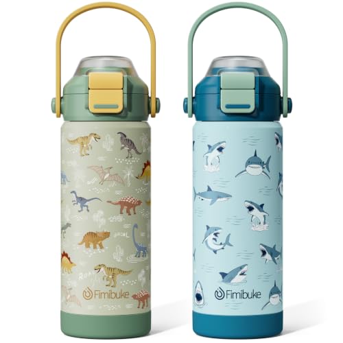 Fimibuke Kids Insulated Water Bottle with Pop-Open Straw & Spout 2-in-1 Lid, 18oz Leak Proof 18/8 Stainless Steel Vacuum Tumbler, BPA-Free Kids Cup For Travel School Boys Girls Toddler 2 Packs - color: Dinosaur & Shark, size: 18 Ounces
