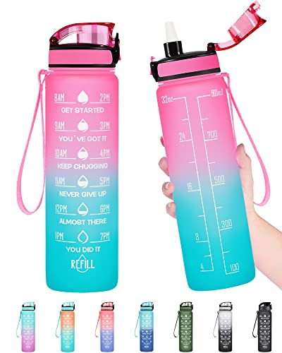 Enerbone Water Bottle, Leakproof BPA & Toxic Free, Motivational Water Bottle with Times to Drink and Straw, Fitness Sports Water Bottle with Strap for Office, Gym, Outdoor Sports - color: Pink-Green, size: 32 Ounces