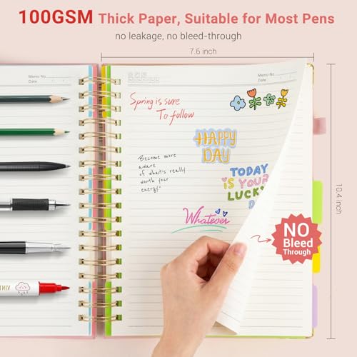 Hardcover Spiral Journal Notebook, 300 Pages 5 Subject Notebook College Ruled with Removable Dividers Tabs, 8" x 10" Notebooks for Work, Spiral Ruled Lined Writing Journal, Hardcover Leather Notebook for School (Pink, 8''x 10'') - color: Pink