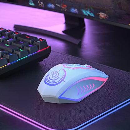 UHURU Gaming Mouse, Wireless Gaming Mouse with 6 Buttons 7 Changeable LED Color up to 10000 DPI, Rechargeable USB Gamer Mouse for PC Laptop (White) - color: white