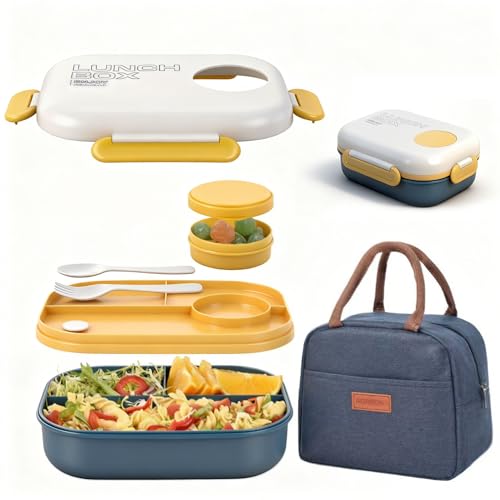 3-Compartment Leak-Proof Bento Box for Kids & Adults, Blue | Insulated bag, utensils & sauce container included; BPA-free; Microwave & dishwasher safe; Ideal for school, office & travel. - color: Blue