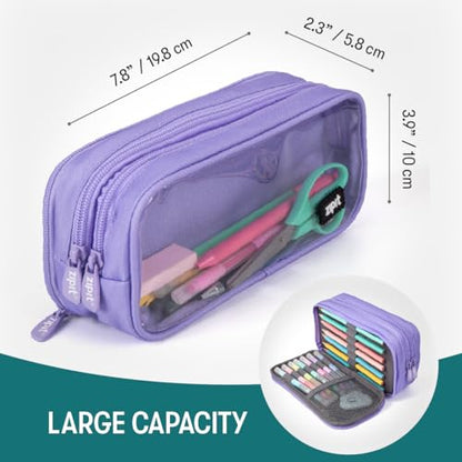 ZIPIT Half & Half Pencil Case for Girls, 3 Compartment Zipper Pouch for School, Stationery Bag for Teen and Adults, Purple - color: Light Purple