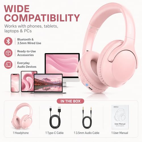 MIDOLA Bluetooth Headphones Over Ear 68H Playtime 6 EQ Wireless Headset with Microphone HiFi Stereo Foldable Lightweight Deep Bass for Travel Home Office Cellphone Pink - color: Pink