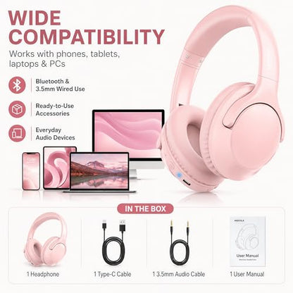 MIDOLA Bluetooth Headphones Over Ear 68H Playtime 6 EQ Wireless Headset with Microphone HiFi Stereo Foldable Lightweight Deep Bass for Travel Home Office Cellphone Pink - color: Pink