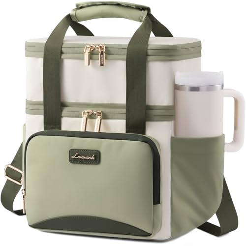 LOVEVOOK Insulated Lunch Bag For Women,Large Double Deck Adult Lunch Box,Teacher Lunch Tote Bag With Cup Holder,Leakproof Cooler Bag With Adjustable Shoulder Strap For Work Picnic Beach,Larger 15L - color: Off White with Green, size: Large —15l