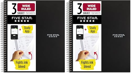 Five Star Spiral Notebook, 3 Subject, Wide Ruled, 8" x 10-1/2" | 150 Sheets | Black | Pack of 2 | Study App - color: Black, size: 8" x 10-1/2" (Pack of 2)