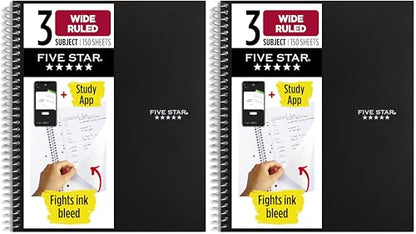 Five Star Spiral Notebook, 3 Subject, Wide Ruled, 8" x 10-1/2" | 150 Sheets | Black | Pack of 2 | Study App - color: Black, size: 8" x 10-1/2" (Pack of 2)