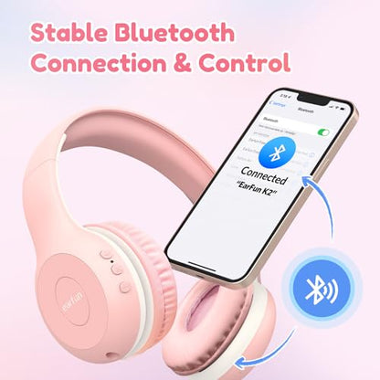 EarFun K2 Kids Bluetooth Headphones, Kids Headphones with Volume Limited, 40H Playtime, Built-in Mic, Stereo Sound, Foldable Over-Ear Headphone for School/Travel/iPad/Tablet, Pink - color: Pink