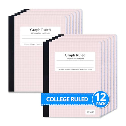 ONAVIA Pink Graph Composition Notebook Bulk 12 Pack, 5x5 Grid, 200 Pages | 100 Sheets, 9.75 x 7.5 in, 12 Pack Grid Notebooks, Graph Paper Notebook, Math Notebook, Classroom, Engineering - size: 12 Pack