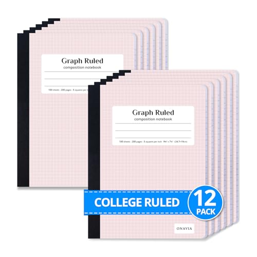 ONAVIA Pink Graph Composition Notebook Bulk 12 Pack, 5x5 Grid, 200 Pages | 100 Sheets, 9.75 x 7.5 in, 12 Pack Grid Notebooks, Graph Paper Notebook, Math Notebook, Classroom, Engineering - size: 12 Pack