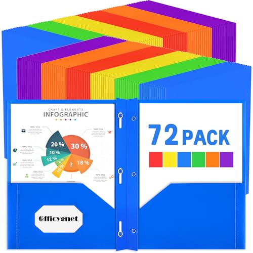 Officygnet 72 Packs Plastic Folders with Pockets and Prongs, Bulk Multicolor 2 Pocket Folders with Brads, Heavy Duty Plastic Folder for Office School Supplies, Two Pocket Folder for Letter Size Sheets