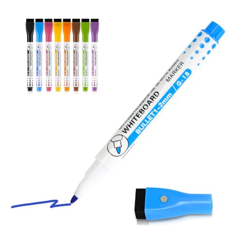 WALGLASS Dry Erase Markers, 8 Count Magnetic Whiteboard Markers with Eraser, Fine Tip For Writing on White Board, Dry Erase Calendar Board, Fridge Calendar for School Office Home - 8 Colors