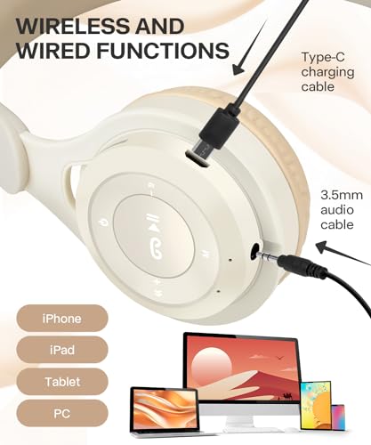 Kids Bluetooth Headphones, Over Ear Children's Wireless Bluetooth 5.3 Headsets, Built-in Mic, Comfortable Wear & HD Sound, Kids Headphones for Boys Girls School Travel iPad Tablet (Beige) - color: Beige