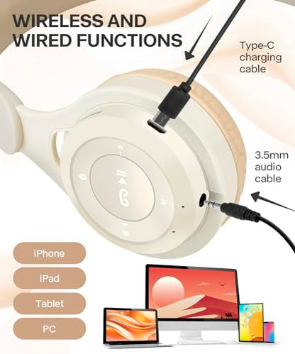 Kids Bluetooth Headphones, Over Ear Children's Wireless Bluetooth 5.3 Headsets, Built-in Mic, Comfortable Wear & HD Sound, Kids Headphones for Boys Girls School Travel iPad Tablet (Beige) - color: Beige