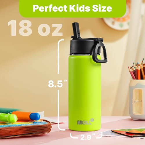 Kids Insulated Water Bottle with Straw-18 oz Stainless Steel Double Wall Vacuum Wide Mouth Water Bottle for School-Metal Travel Water Flask with Silicone Boot (Apple Green) - color: Apple Green, size: 18 Ounces